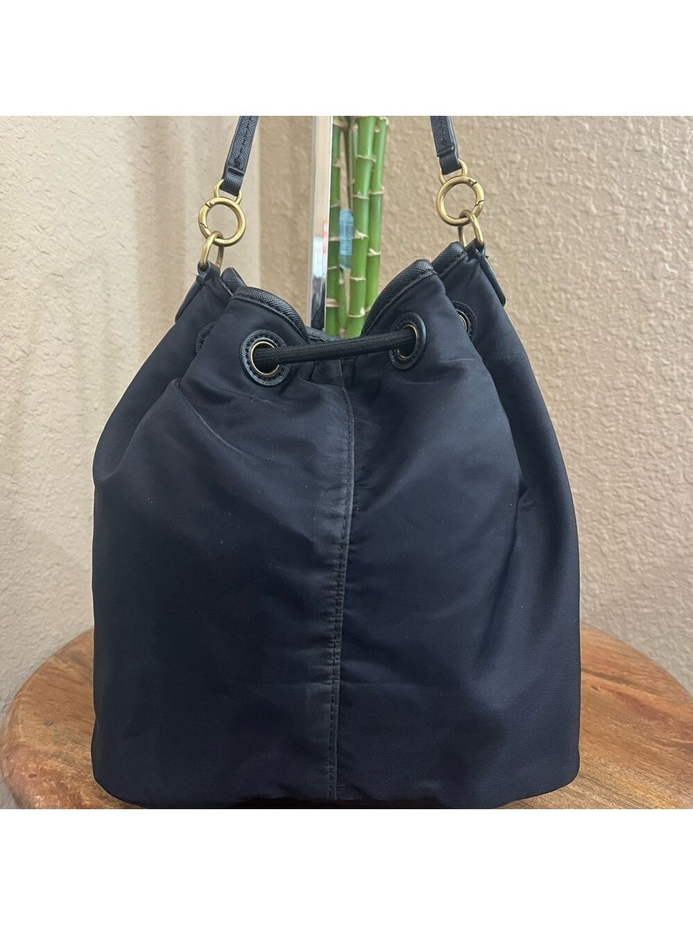 TORY BURCH SCOUT SMALL BLACK NYLON DRAWSTRING BUCKET - Picture 3 of 13